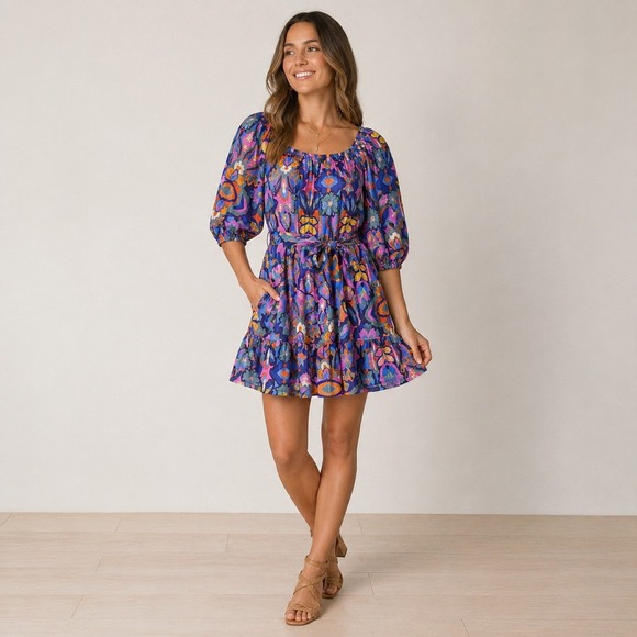 Marine Layer Dresses & Skirts - Marine Layer Nadia Belted Mini Dress Talavera Blue Floral Puff Sleeve Medium NWT
